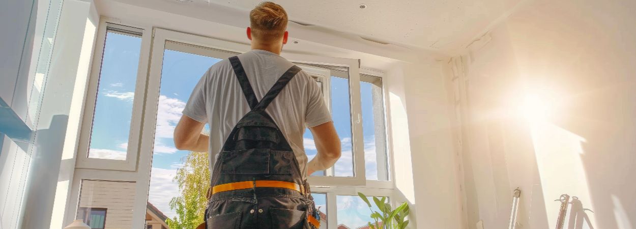 Bright renovation daylight modern home with worker focusing window installation (1)